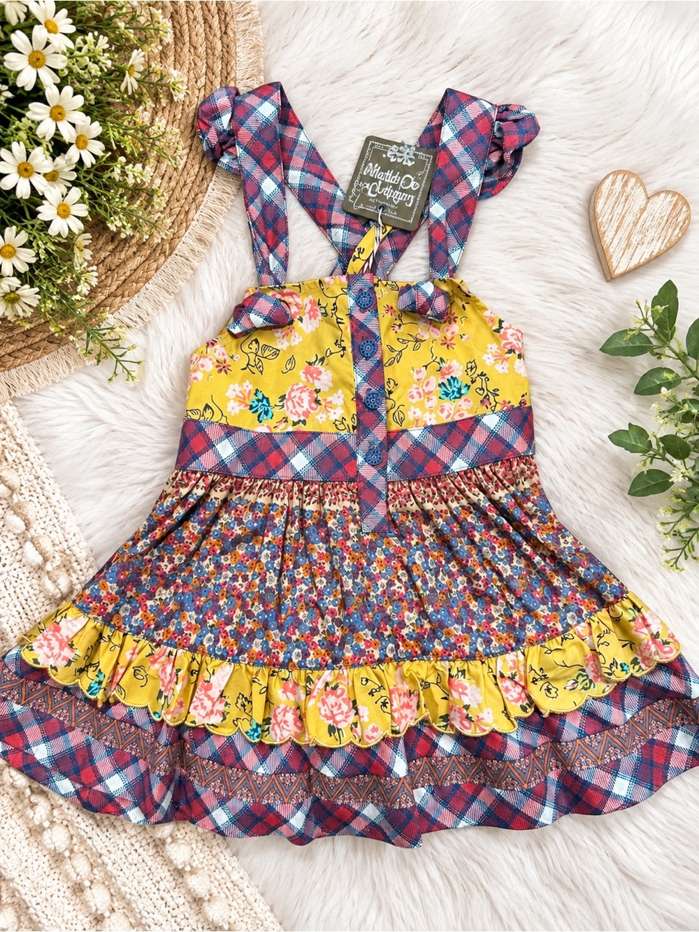 Matilda Jane Girls Size 4 NWT Floral Plaid Ruffle Tiered Tunic Top